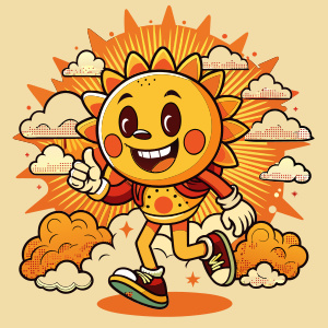 Retro Cartoon Walking Smiled Sun Mascot Character Surrounded By Smiled