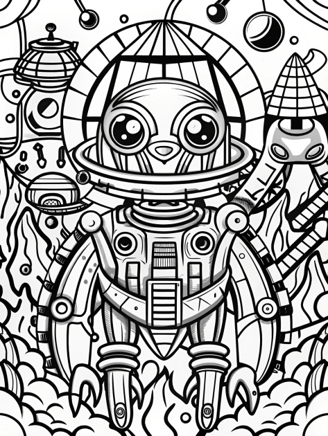 Science Fiction Coloring Page Cartoon Style Thick Lines Many