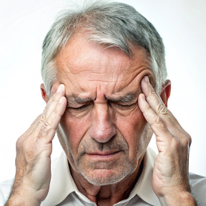 Close Up Of A Mature Man Suffering From Headache On White Background