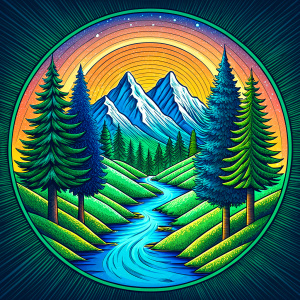 logo, Coniferous forest divided by a river, surrounded by mountains, drawn with neon lines of birch and green colors