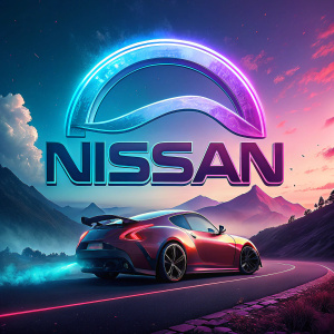 Nissan's logo featuring vibrant colors and sleek design. The background is a gradient of blues and purples.