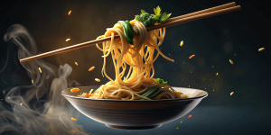 Action Shot:
   A dynamic photo of chopsticks lifting noodles from the bowl, demonstrating the perfect texture and the action of eating the ramen, can make the audience crave the experience.