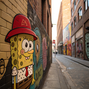 SpongeBob SquarePants-inspired cartoon, wearing a bright red hat. On a graffiti-covered brick wall in an urban alley.