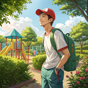 Oh Jong-Hyuk, a young Asian male, posing in a vibrant outdoor park. Dressed in a casual outfit: red baseball cap, white t-shirt, and a green backpack. He has a cheerful expression, surrounded by lush greenery and colorful playground equipment. The background is sharp and clear.