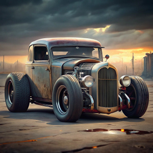 1934 ford rat rod, lowered, oversized wheels, very detailed rims, race rear wing, cinematic background