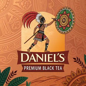 A vibrant advertisement for Daniel's premium black tea. Aztec warrior featured in dynamic stance. Surrounded by rich, warm hues and intricate traditional designs. Brand logo prominently displayed.