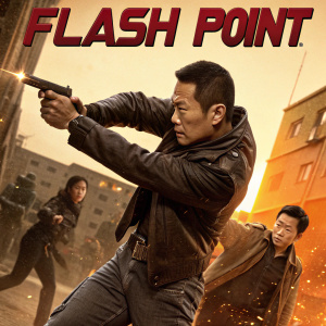 Movie poster for 'Flash Point'. Donnie Yen, Louis Koo, Collin Chou in intense combat. Dynamic action scenes with brown and orange tones. Donnie Yen in striking fighting stance. 