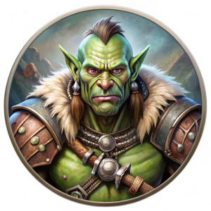 Orc raider dnd character in a token border frame encircle token han draw a white background