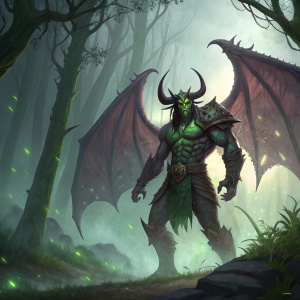 Illidan Stormrage, muscular orc with sharp horns and bat-like wings, standing fiercely in a mystical forest.