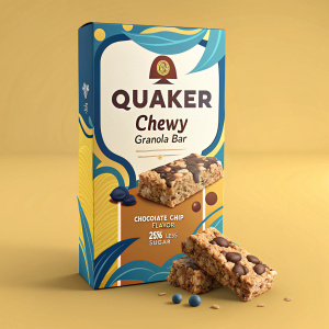 Front of box packaging for Quaker Chewy Granola Bars. Vibrant blue, yellow, and brown hues. Image of granola bar with chocolate chips. Text highlights 'Quaker Chewy Granola Bar - Chocolate Chip Flavor' and '26% Less Sugar'. Clear, engaging design.