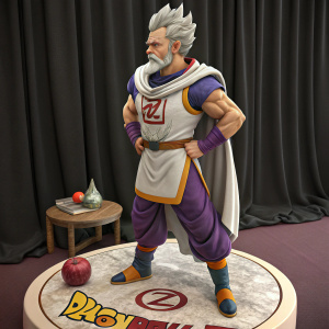 Paragus, a character from Dragon Ball Z, Caucasian-inspired features, mature male, gray hair, beard, muscular build, unique outfit, standing assertively on base with Dragon Ball Z logo. On a table with marble surface and an apple nearby, against a black curtain background.
