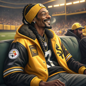 Snoop Dogg, in a Pittsburgh Steelers jacket, smiling. Big mustache and braids. Sitting on a couch at a football event.