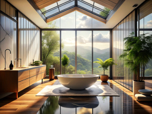 Generate a spa-like bathroom with a freestanding tub, floor-to-ceiling windows, and calming neutral tones.