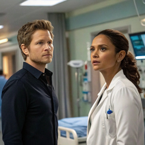 Matt Czuchry and Jessica Lucas from 'The Resident'. Intense hospital scene. Matt in dark shirt, serious expression. Jessica in white shirt, focused look. Medical equipment in background.