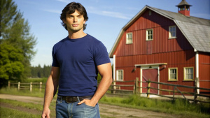 Tom Welling is Clark Kent from the series Smallville and is wearing a plain medium blue t-shirt and jeans, he is on the farm with a red barn in the background, full body