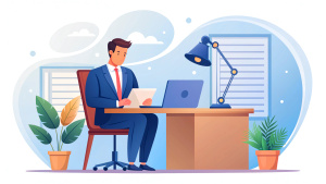 Lawyer online concept. Young guy with documents evaluates webpage for plagiarism. Protection of rights and legal support, court. Poster or banner for website. Cartoon flat vector illustration