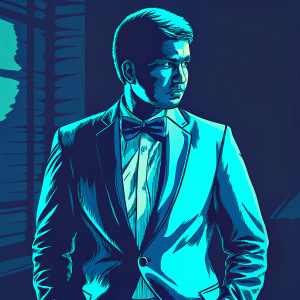 Jonathan Joestar, a determined young man with short blue hair, dressed in a smart blue suit with bow-tie. Against a dimly lit, warm-toned background, his pixelated portrait stands out as a digital artwork.