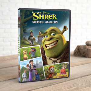 DVD cover for Shrek Ultimate Collection featuring Shrek and friends. Colorful, dynamic scenes with Shrek as central character. Various hues of green, brown, and other vibrant colors. Layout includes multiple character images and scenes.
