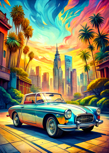   ultra detailed  convertible car mgb in San Francisco ,background, style pop art, , style watecolor, black background,ready for print t-shirt, style art fabric, without horse, full body
