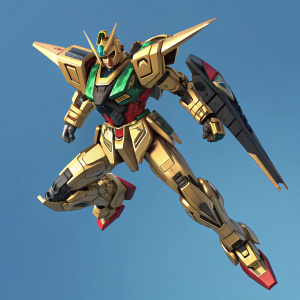 Digital concept art showcasing a futuristic Gundam mobile suit in mid-flight. Predominantly gold with accents of green, black, and red. Intricate armor and components detailed. Solid blue background emphasizes the sleek design.