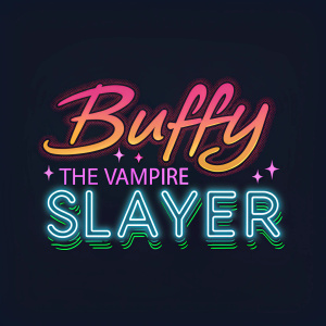 Buffy the Vampire Slayer logo, vibrant and stylized in neon colors. Graffiti-inspired font, dynamic design