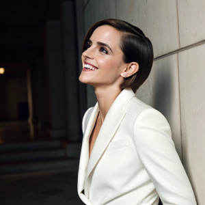 Renowned actress Emma Watson poses elegantly. She sports a sleek bob and dons a pristine white blazer. Against a dimly lit, minimalistic background, her radiant smile and warm presence are striking.