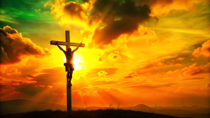 Silhouette jesus christ crucifix on cross on calvary sunset background concept for good friday he is risen in easter day, good friday worship in God, Christian praying in holy spirit 