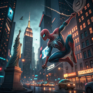 Digital illustration of Spider-Man swinging through the bustling streets of Manhattan at night. City lights闪烁，背景中可以看到自由女神像。