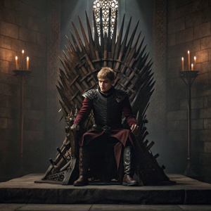 Digital artwork of Joffrey sitting on the Iron Throne. Dark, intricate throne with menacing spikes. Joffrey's stern expression. Dimly lit, stone chamber background.