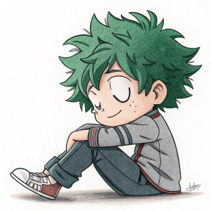 A simple hand-drawn sketch of Izuku Midoriya, known as Deku, from My Hero Academia, resting. The sketch highlights his distinctive spiky green hair and kind facial expression. Cartoon-like design.