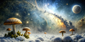 outer space with mushrooms and snow