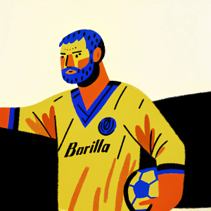 Digital artwork featuring Daniele De Rossi, soccer player with a beard and intense gaze. He's in an AS Roma jersey sponsored by Barilla, set against a plain black background.