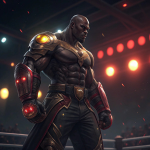 Doomfist, a muscular male character, with a glowing metal arm and bald head. He stands alone in a dark arena, surrounded by flickering red lights. The scene highlights his powerful stance and the intricate details of his armor.