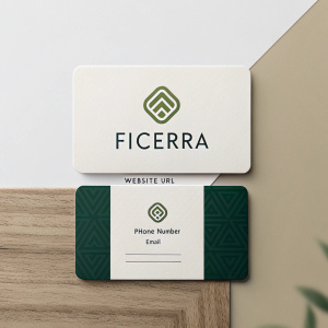 Modern business card design for Ficerra. Simple, clean layout. Dominant Ficerra logo. Includes website, QR codes, and contact info.