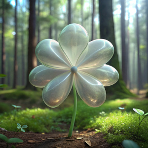 A captivating 3D render of a white transparent clover in minimalistic style in forest