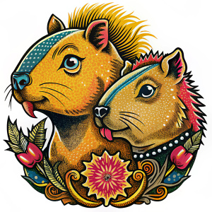 
tattoo with pointillism technique of two punk capybaras kissing