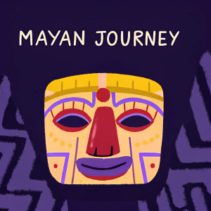 Digital artwork featuring a smiling Mayan face. Stylized nose and simple design elements. Dark earthy tones. Text 'MAYAN JOURNEY' in modern sans-serif font. Inspired by ancient Mayan culture.