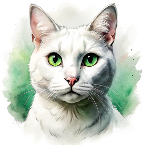 white cat with green eyes, cute ink sketch style illustration



