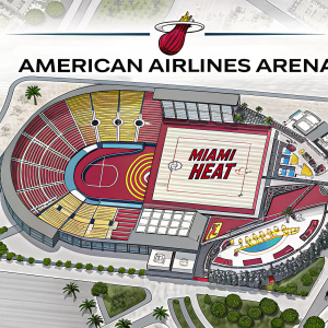 Aerial view of the American Airlines Arena. Focused on the seating chart for the Miami HEAT. Colors and logos are prominent.