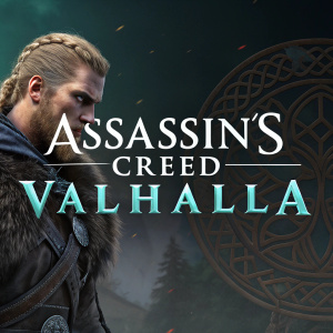 Promotional graphic for the upcoming release of Assassin's Creed Valhalla. Dark background with Viking inspired textures. Title in bold runes. Release year displayed prominently.