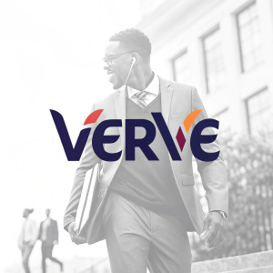 Logo for 'VERVE'. Bold, sans-serif font. Pristine white background. Confident design.