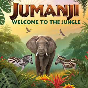 Poster for Jumanji: Welcome to the Jungle. Elephant, zebras, and colorful jungle setting with playful vibe