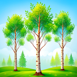 Three beautiful birches on a blue background