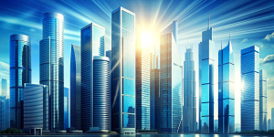 Picture of modern skyscrapers of a smart city, futuristic financial district with buildings and reflections , blue color background for corporate and business template with warm sun rays of light