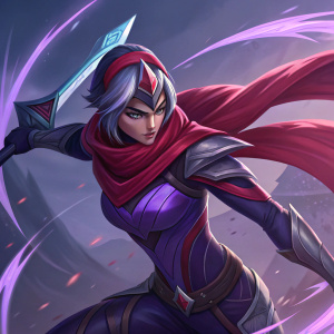 Digital art piece of Arcade Fiora from League of Legends. Character illustrated in a fierce combat pose, with a dominant red scarf and striking purple and blue color scheme.