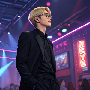 Baekhyun, Korean idol, blonde hairstyle, dressed in black suit, glasses on. Amidst a neon-lit club scene with pulsating lights and vibrant decor.