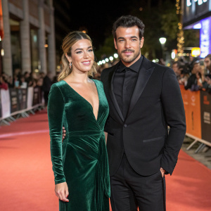 Blanca Suarez and Mario Casas on the Neox Fan Awards red carpet. She in a green velvet gown, he in a black suit. Confident and poised. Background has bright red carpet and bustling crowd.