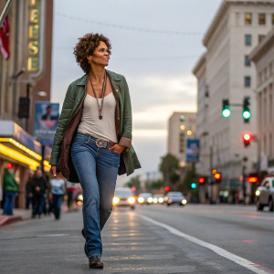 Halle Berry walking down a bustling city street, wearing a casual yet stylish outfit.