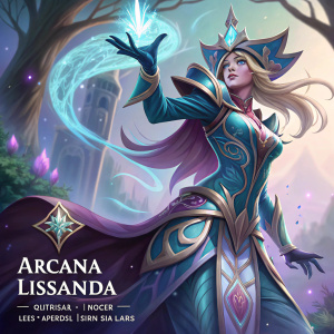 Illustration of Arcana Lissandra from League of Legends. Featuring intricate details like self-cast, spread, in, out, blink, and tower trail. Vivid and colorful design.