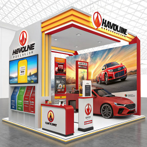 Virtual booth design for Havoline at an auto expo. Vibrant digital screens and sleek product displays.